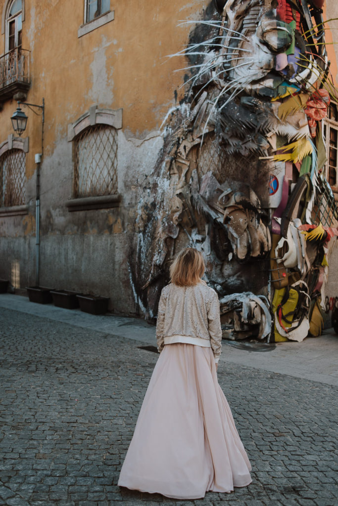 pink dress bride and giant urban art rabbit - brides inspiration wedding photographer